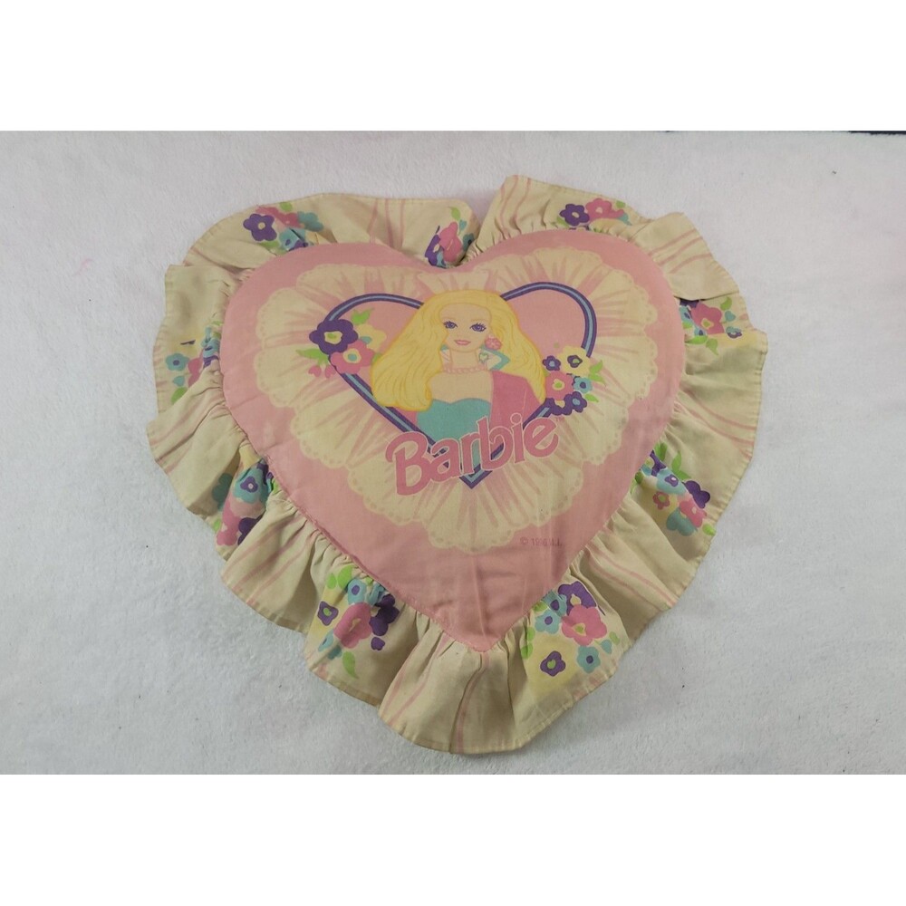 Vintage 1990 Barbie Heart Throw Pillow Pink Ruffle Retro Girl Room Decor Bibb Co